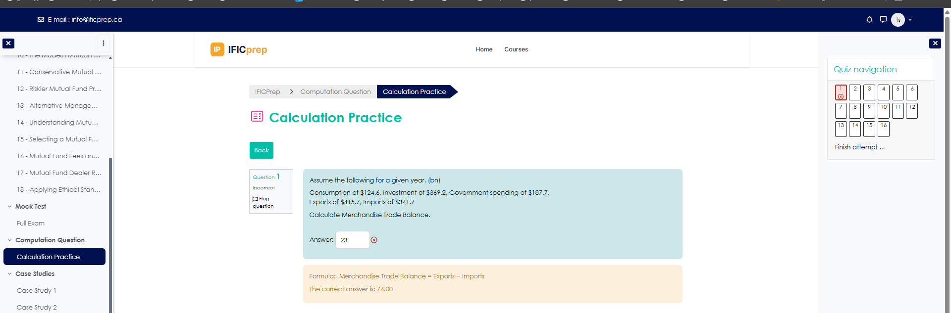 IFICprep calculation practice question with formula feedback