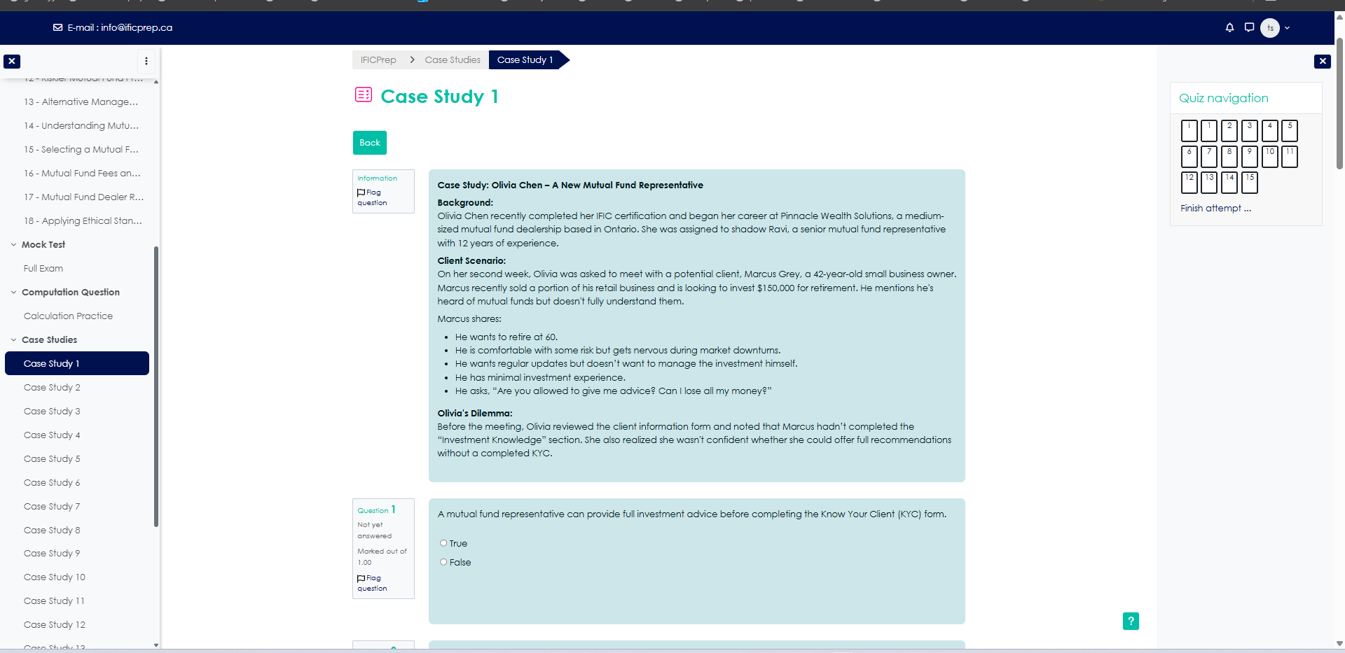 IFICprep scenario case study with client facts and questions