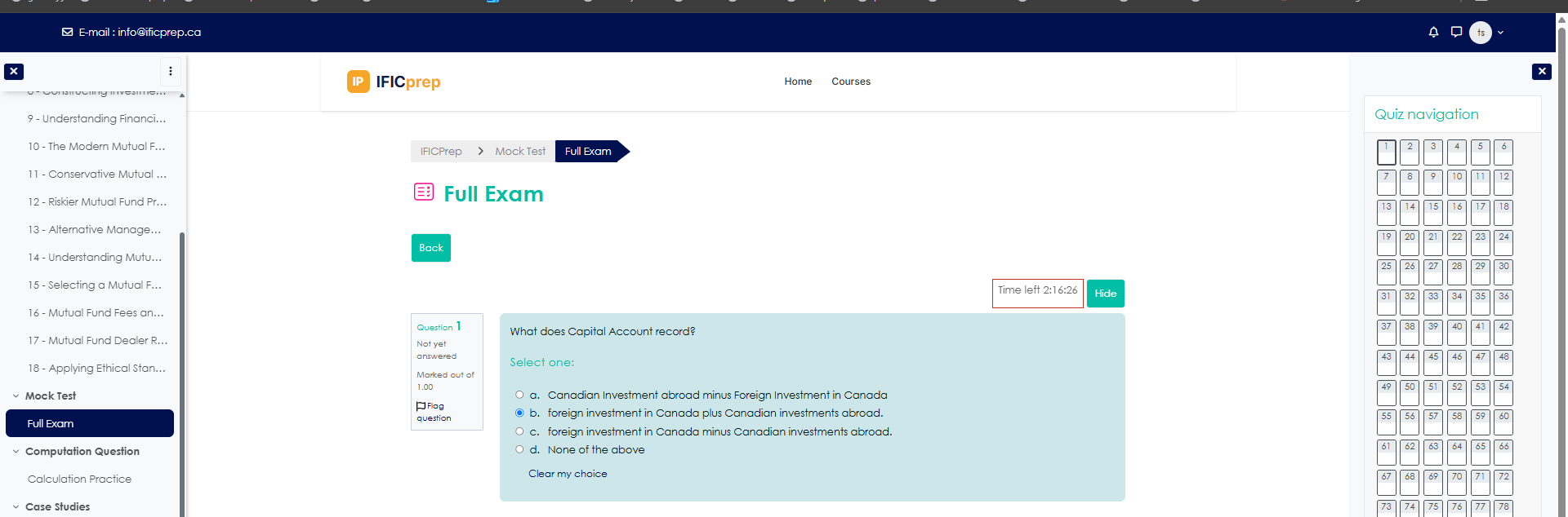 IFICprep full mock exam with timer and question navigation